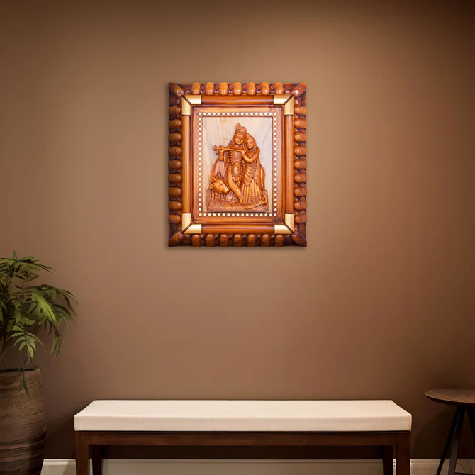 Radha Krishna Wooden Polish Wall Frame – 15 x 13 Inches